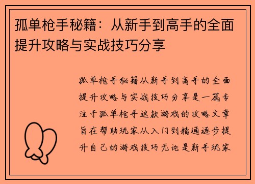 孤单枪手秘籍：从新手到高手的全面提升攻略与实战技巧分享